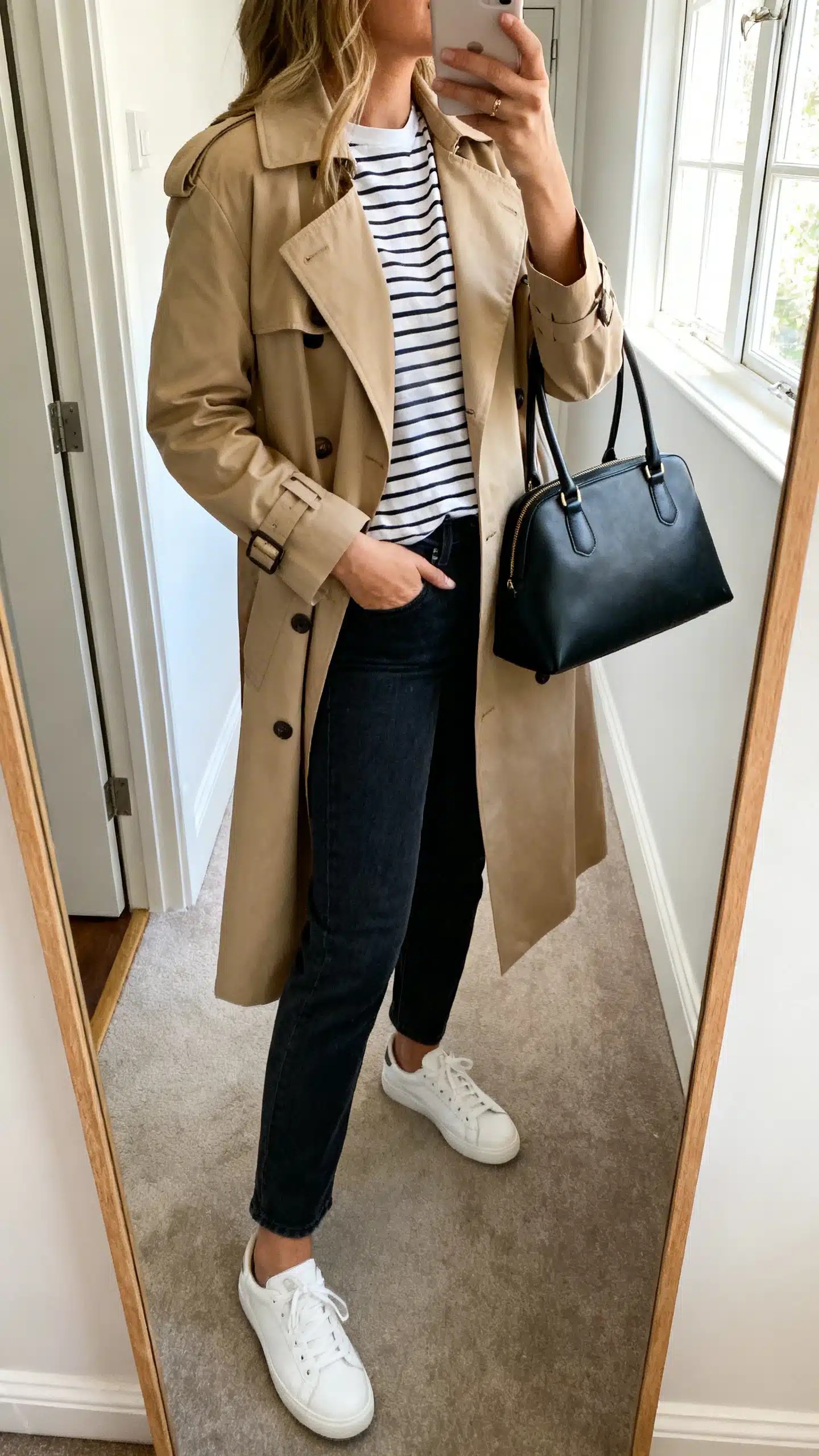 iPhone side-angle mirror selfie of a woman layering a classic beige trench coat over a striped tee and dark jeans, white sneakers, and a black top-handle bag, face not visible, entryway full-length mirror, morning window light, iPhone photo quality.