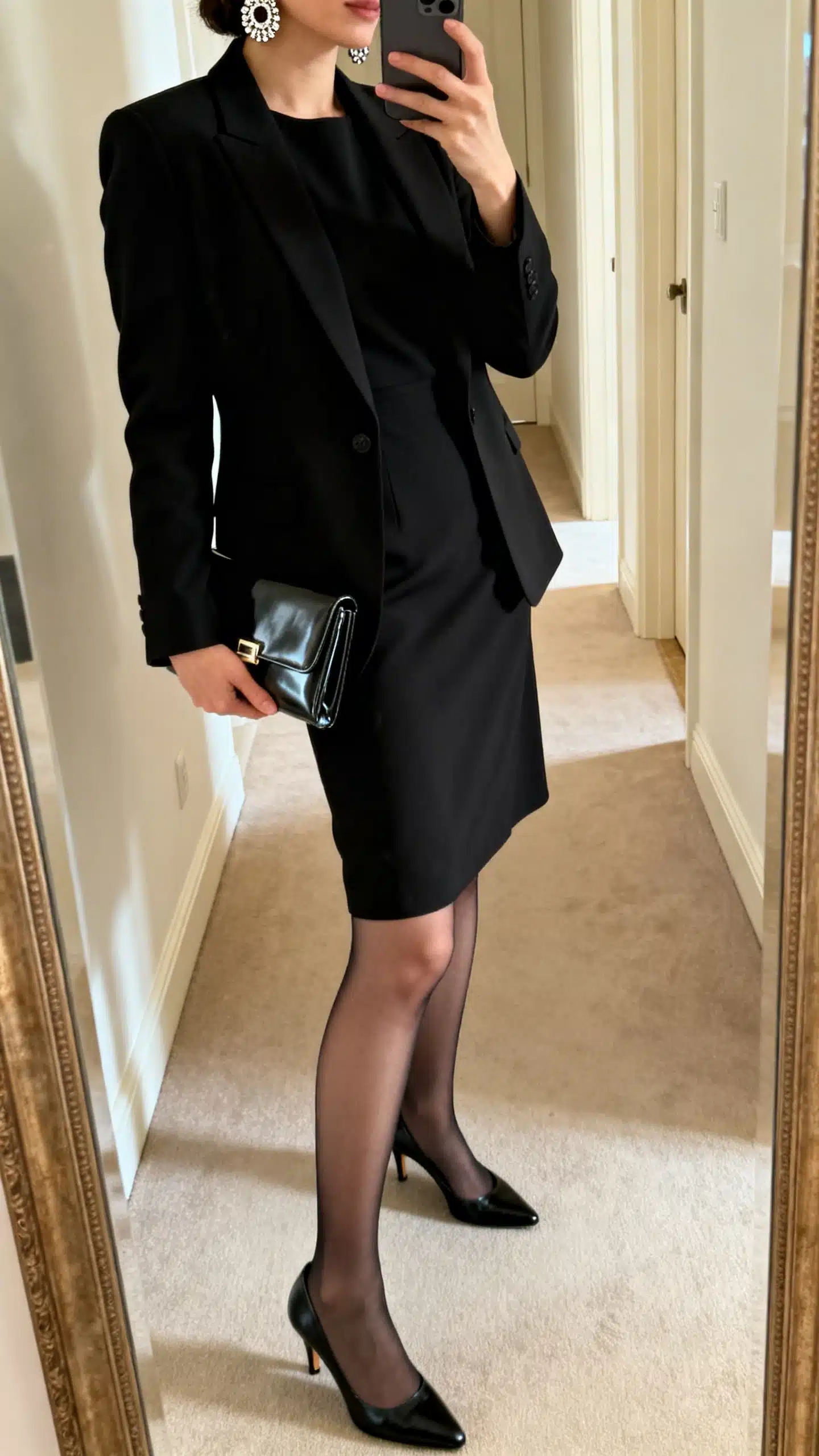 iPhone side-angle mirror selfie of a woman wearing a knee-length little black dress with a black blazer, classic black pumps, statement earrings, and a sleek clutch; sheer tights for cooler weather, face not visible, cropped at shoulders, hallway full-length mirror, warm indoor lighting, iPhone photo quality.