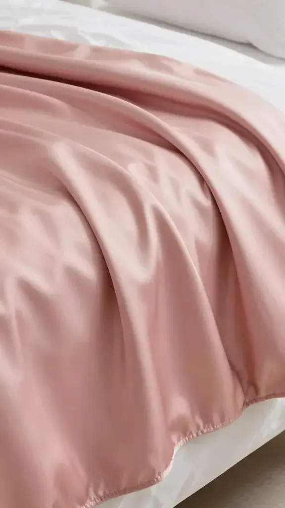 closeup blush satin throw blanket draped over a bed