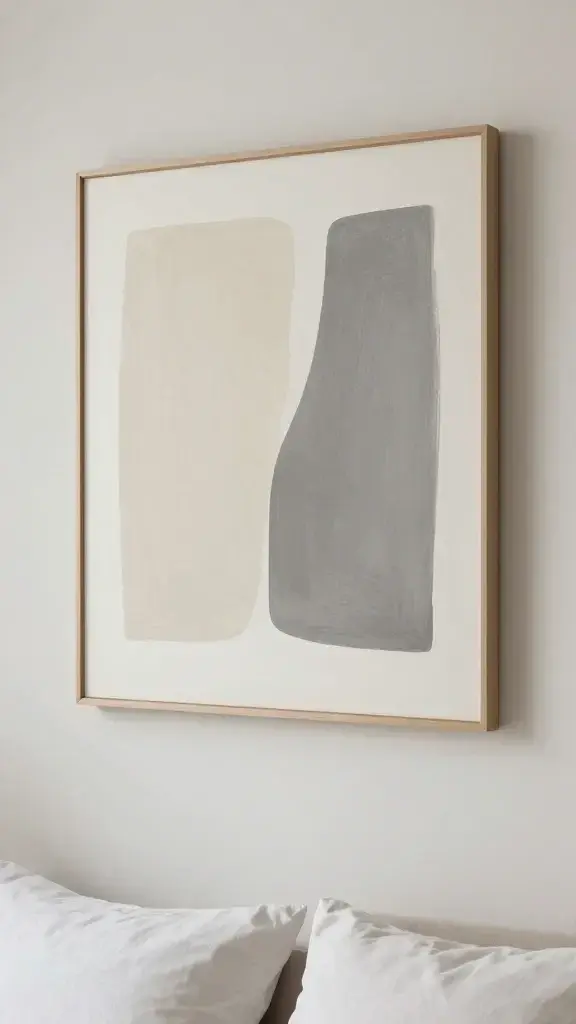 closeup wall art with soft ivory and graphite tones above bed