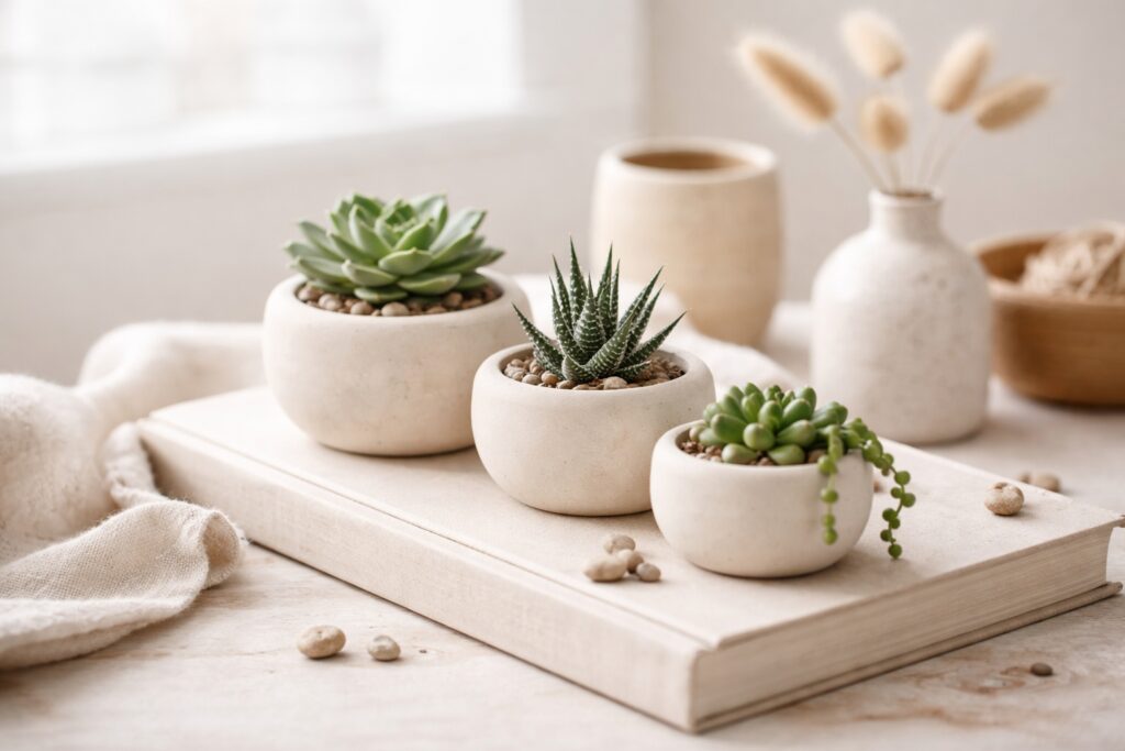 Three small clay planters with succulents