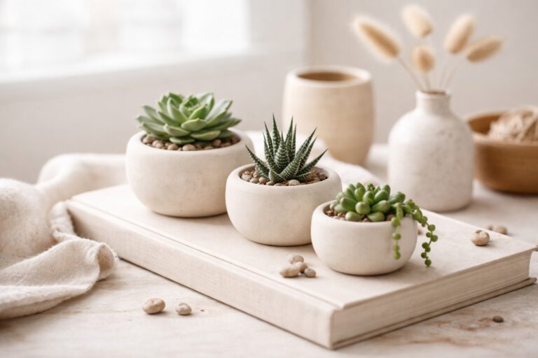 Three small clay planters with succulents