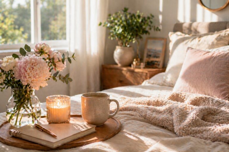 Cozy bedroom with flowers and coffee.