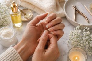Hands with manicured nails and products