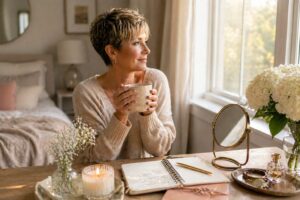 Woman enjoying tea by window