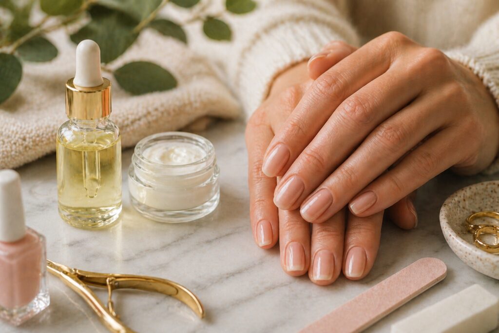 Elegant hands with nail care products.