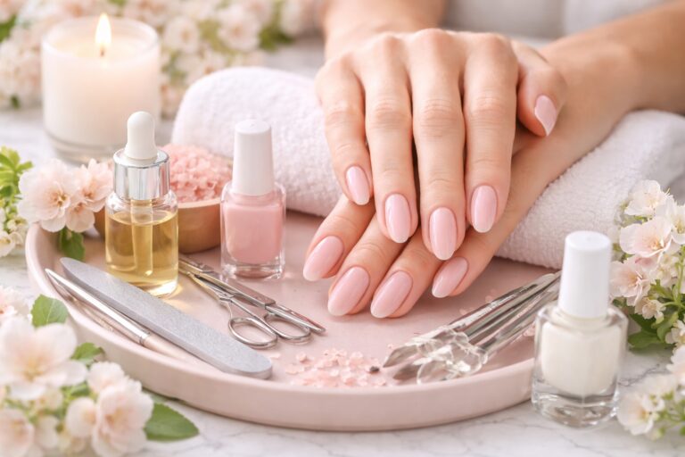 Elegant nails with manicure tools and flowers.