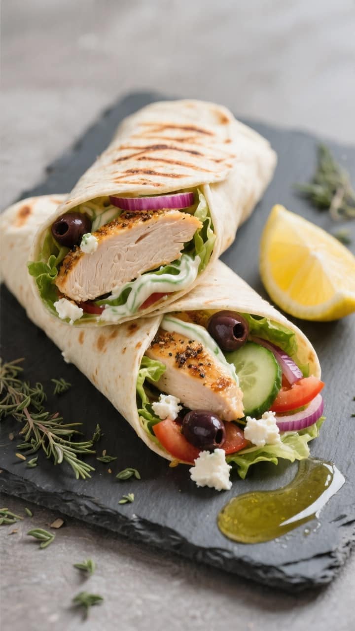 Close-up café-style finish: Greek chicken wrap seared and sealed, sliced on the bias to reveal the 