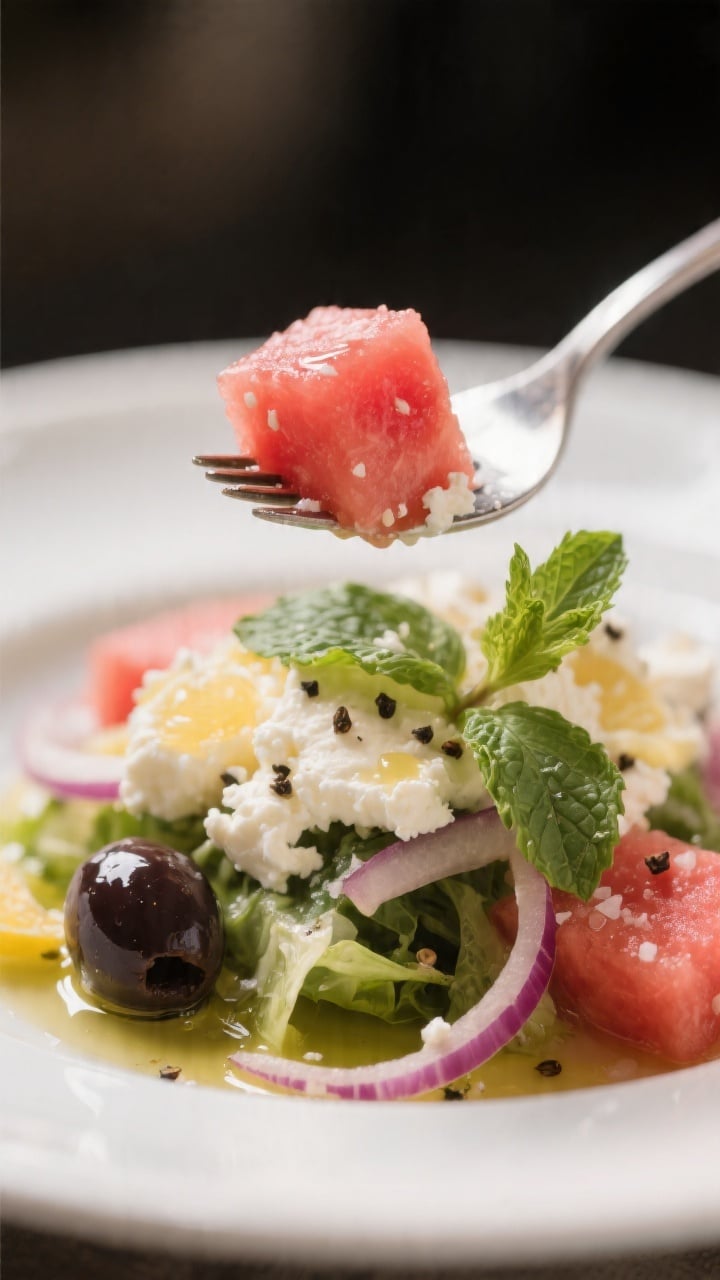 Close-up detail, : a forkful lifted just above the plate capturing a single juicy watermelon cube pr