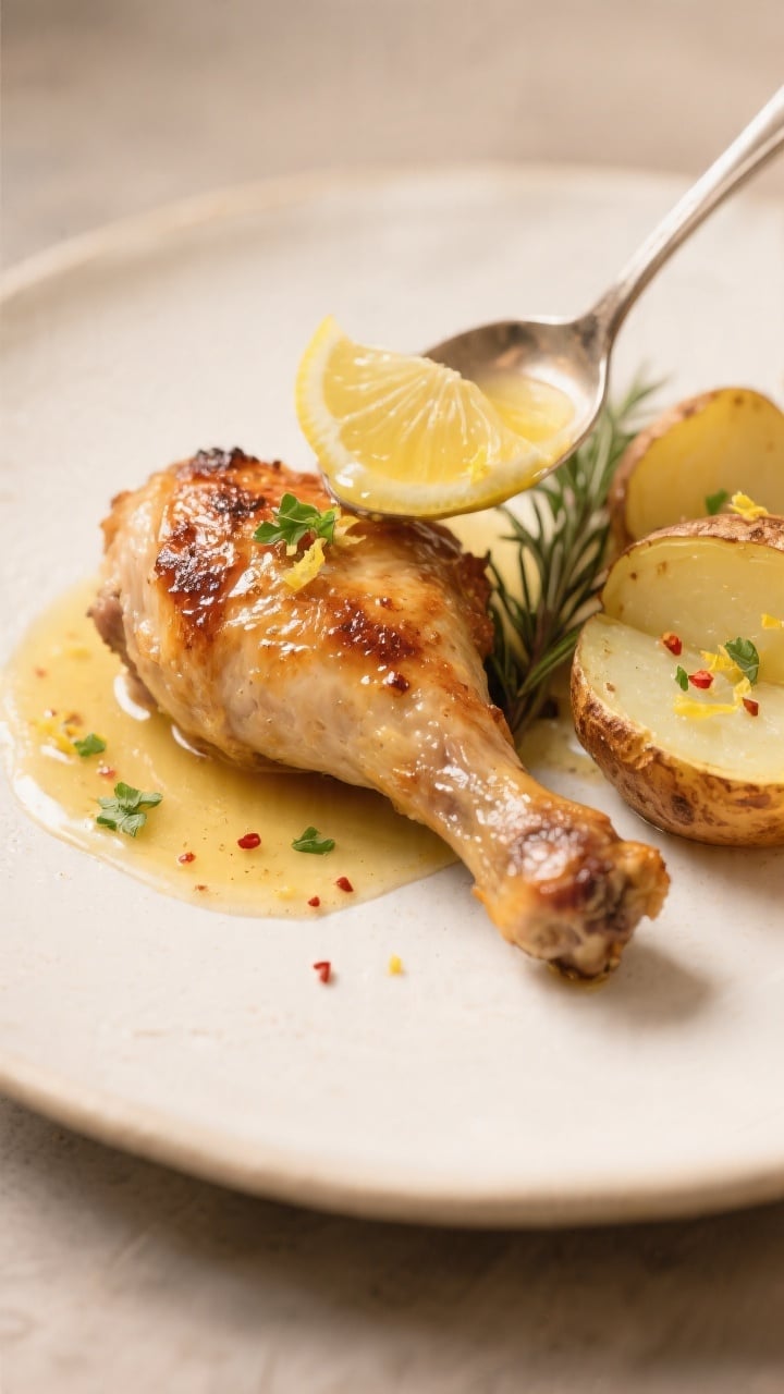 Close-up detail of a plated serving: a single chicken thigh with crackling, blistered skin and a gli