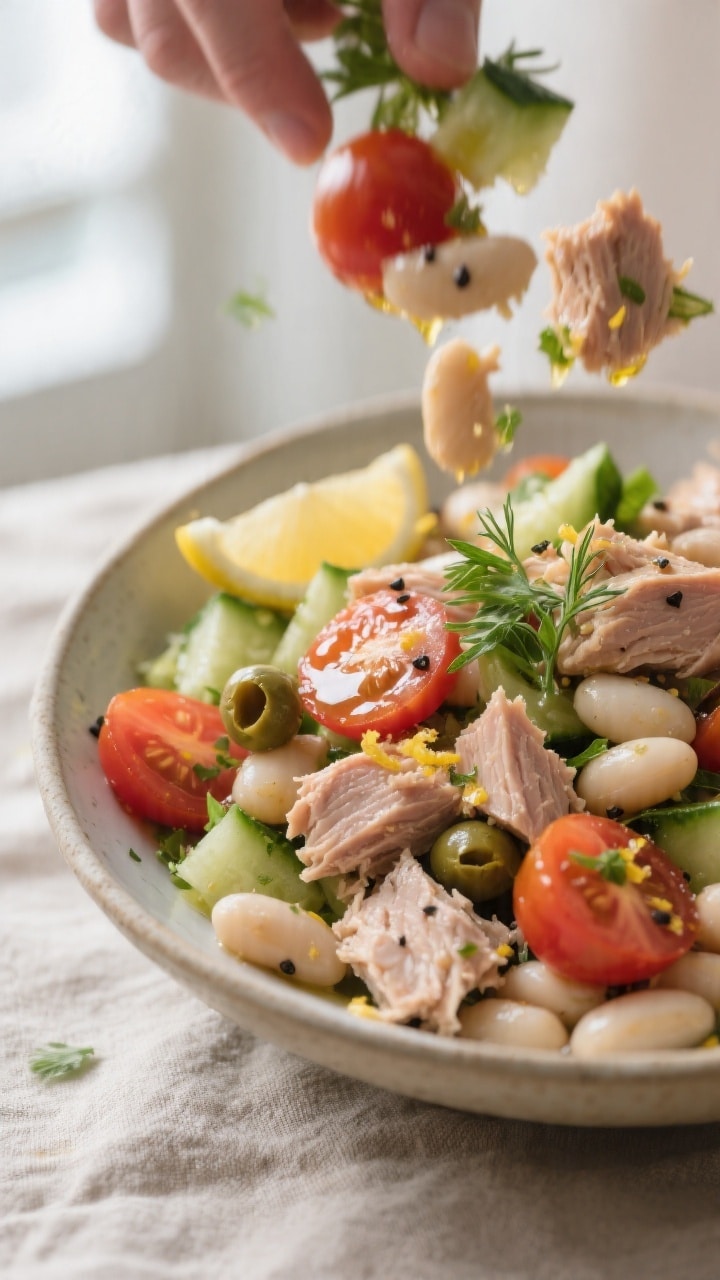 Close-up detail/process shot: A medium bowl of prepared tuna and white bean salad mid-toss, showing 