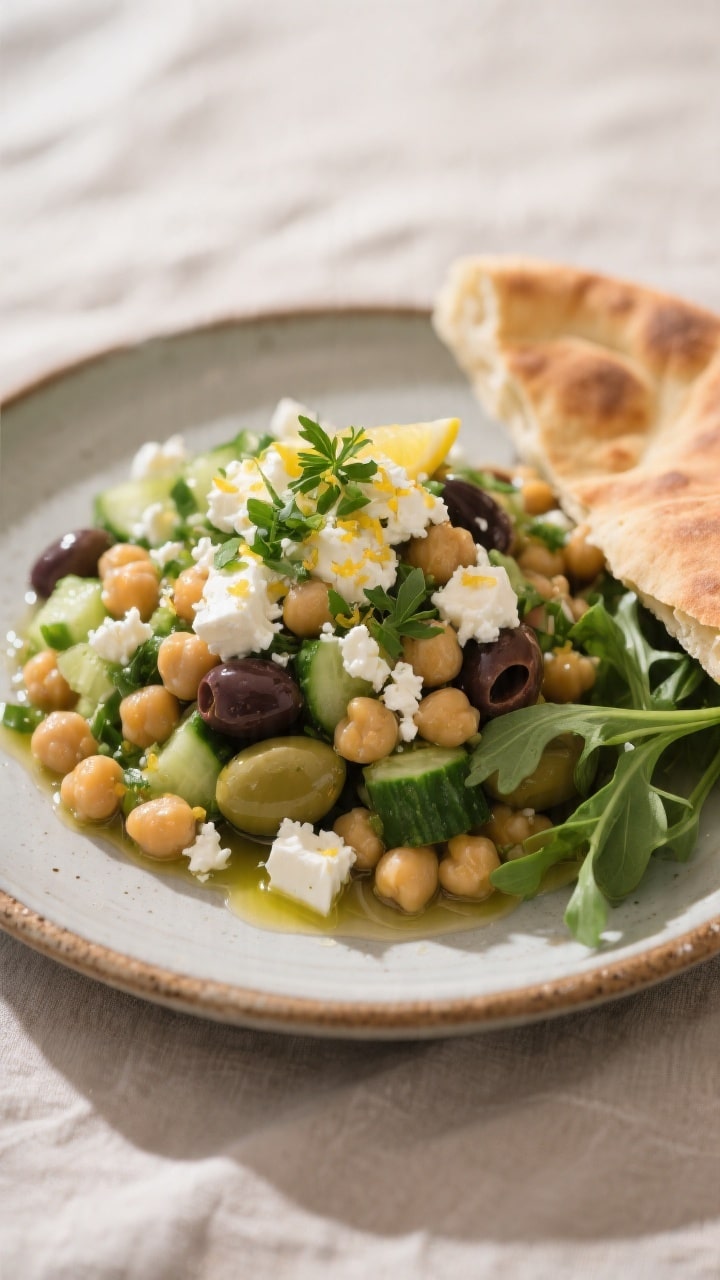 Close-up final plate of Mediterranean chickpea salad served for one: heaped on a low, wide ceramic p