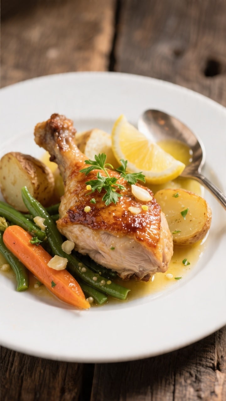 Close-up, of a plated serving: a single thigh with crackling, well-rendered skin and juicy meat, sur
