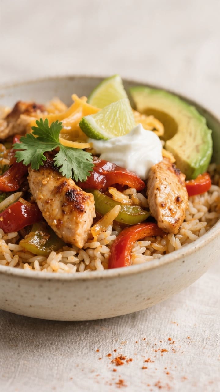 Close-up plated final dish: a generous bowl of Chicken Fajita Rice fluffed and piled high, seared ch