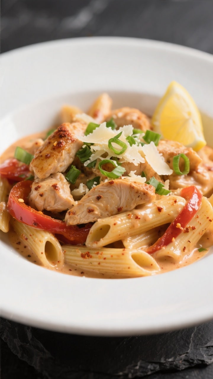 Close-up plated final dish of creamy Cajun chicken pasta: twirled penne coated in silky sauce that c