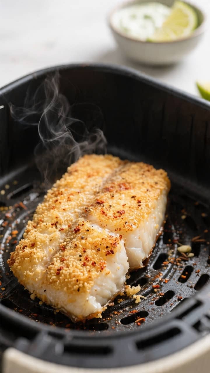 Close-up process shot: A single seasoned white fish fillet (cod or tilapia) just finished air frying