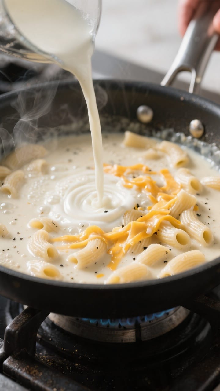 Cooking process close-up: A deep sauté pan on the stovetop at a gentle simmer, showing elbows cooke