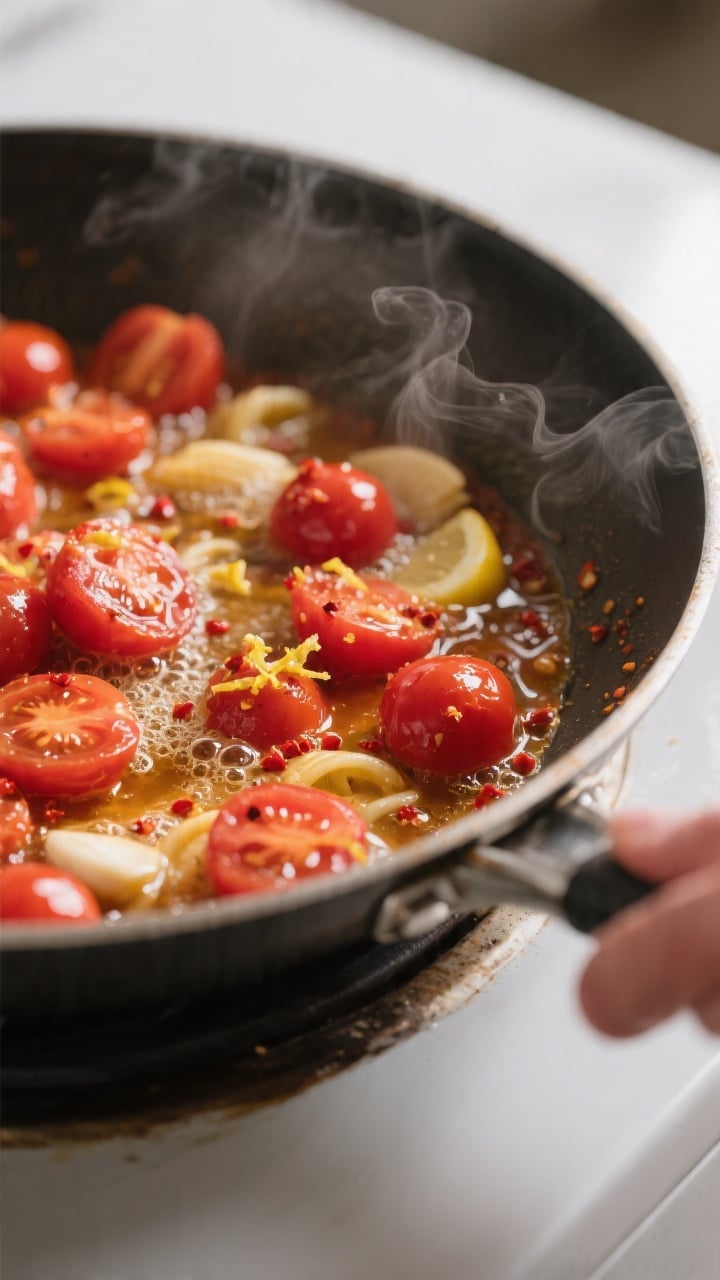 Cooking process close-up: A shallow-depth-of-field shot of cherry tomato and garlic sauce bubbling i