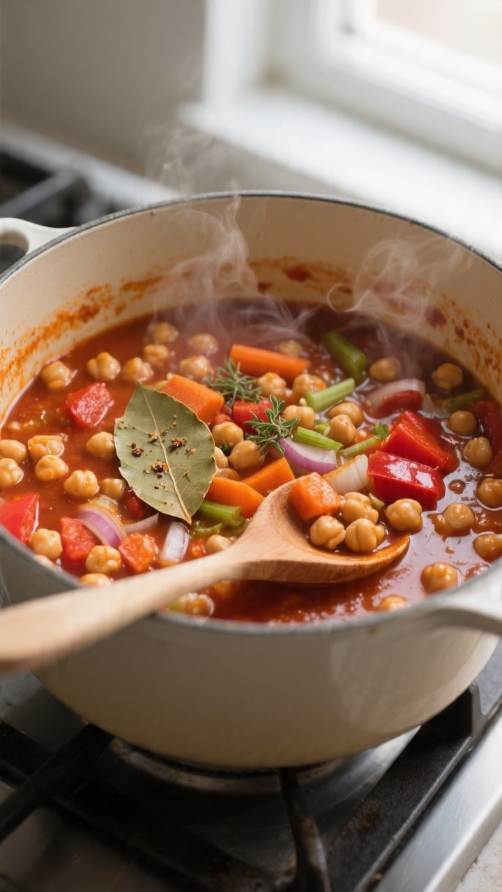 Cooking process, close-up detail: A large Dutch oven at a gentle simmer with the Mediterranean chick