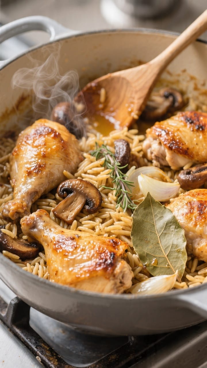 Cooking process, close-up detail: Golden-browned chicken thighs and deeply caramelized cremini mushr