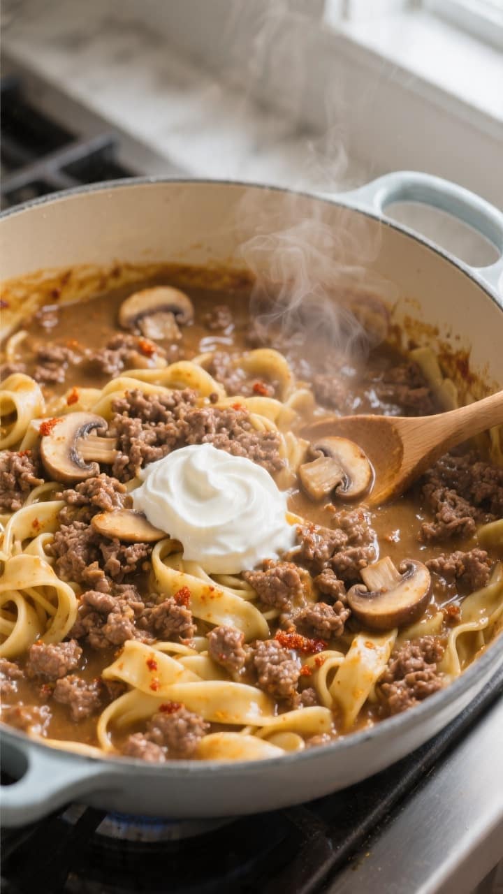 Cooking process, close-up detail: Ground beef stroganoff simmering in a wide, enameled Dutch oven, o
