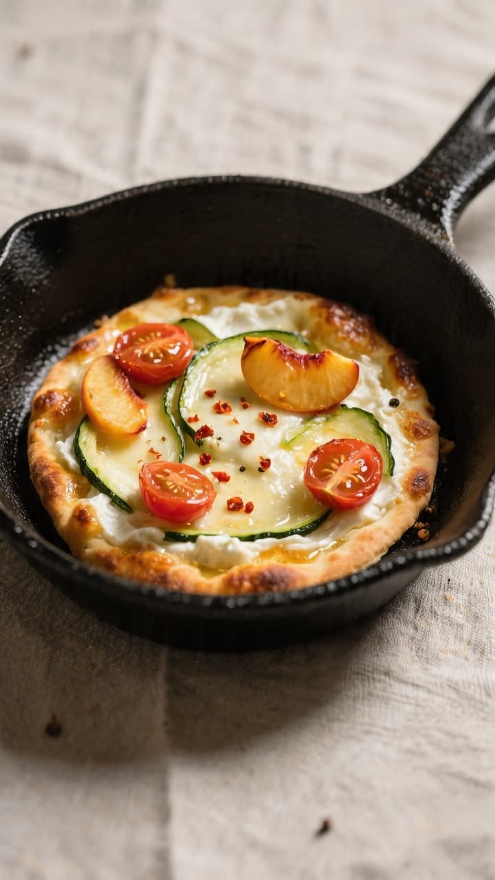 Cooking process, close-up detail: Mini flatbread pizza in a hot, dry skillet, cheese just melted and