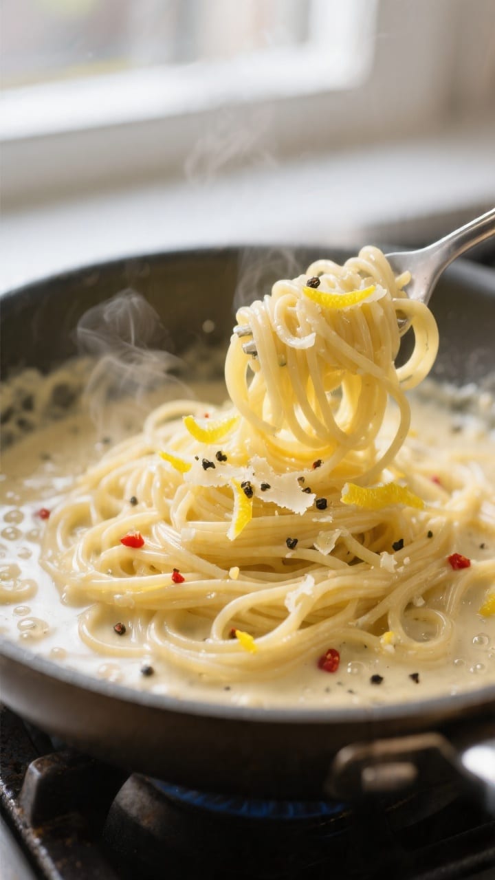 Cooking process, close-up detail: Silky lemon cream sauce clinging to just-cooked spaghetti in a sma