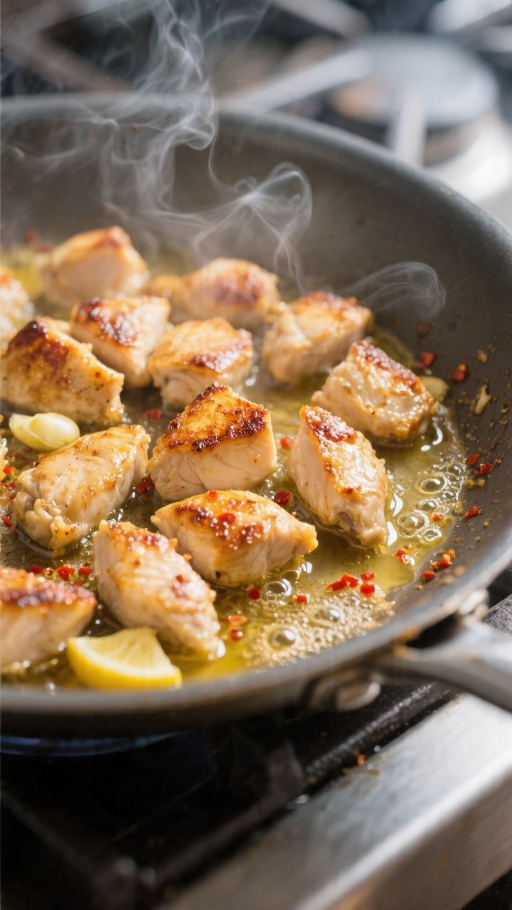 Cooking process, close-up detail: Sizzling bite-size chicken pieces browning in a wide stainless ski