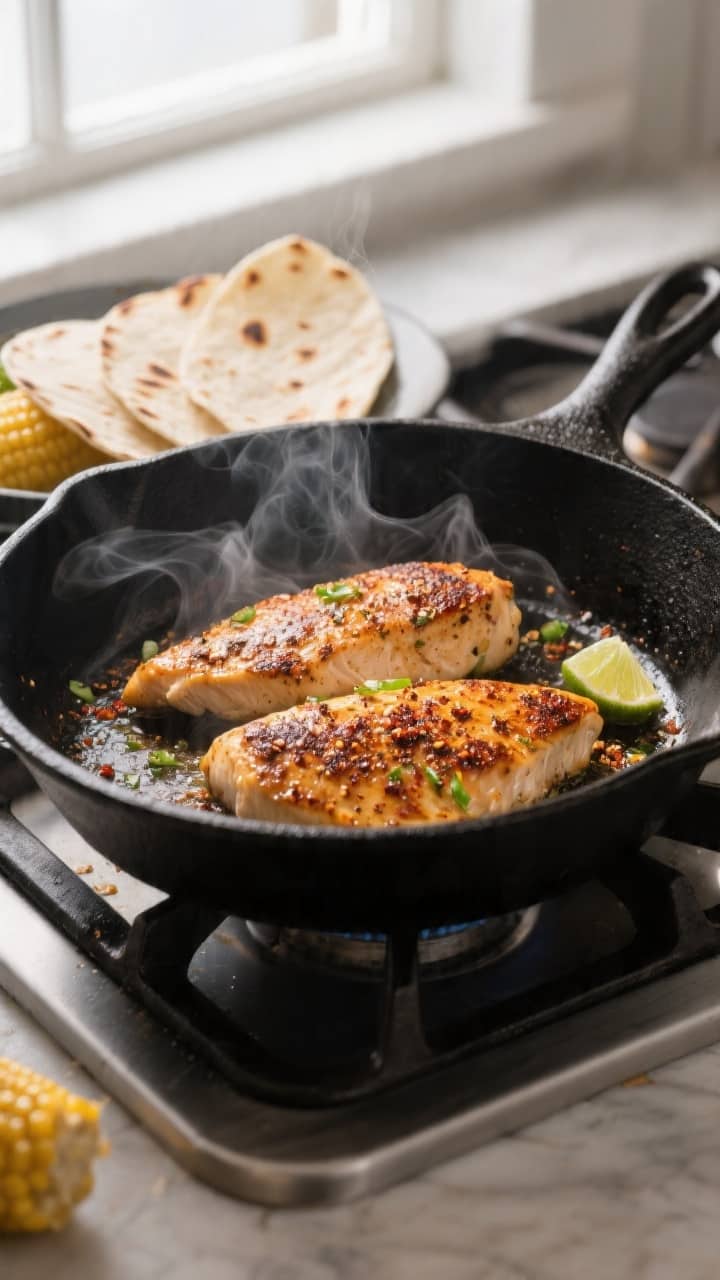 Cooking process, close-up detail: Sizzling chili-cumin chicken breasts in a black cast-iron skillet,