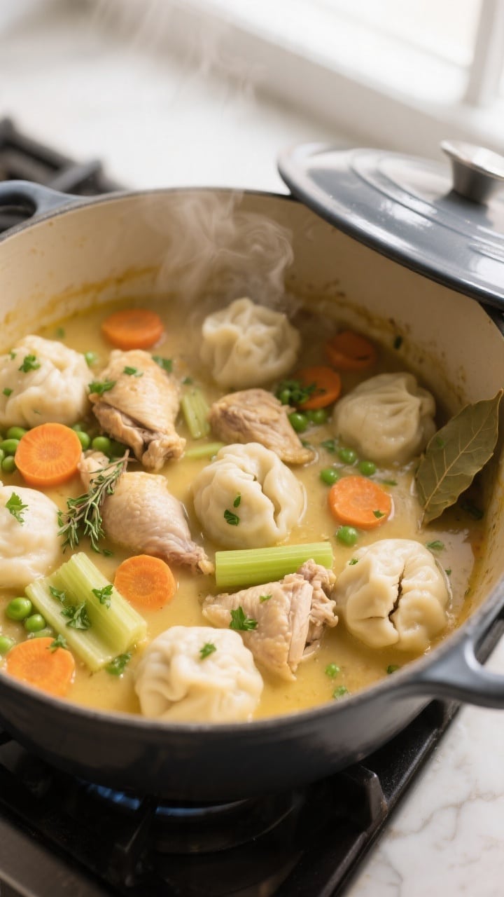 Cooking process, close-up detail: Steam-kissed one-pot chicken and dumplings mid-cook in a wide, hea