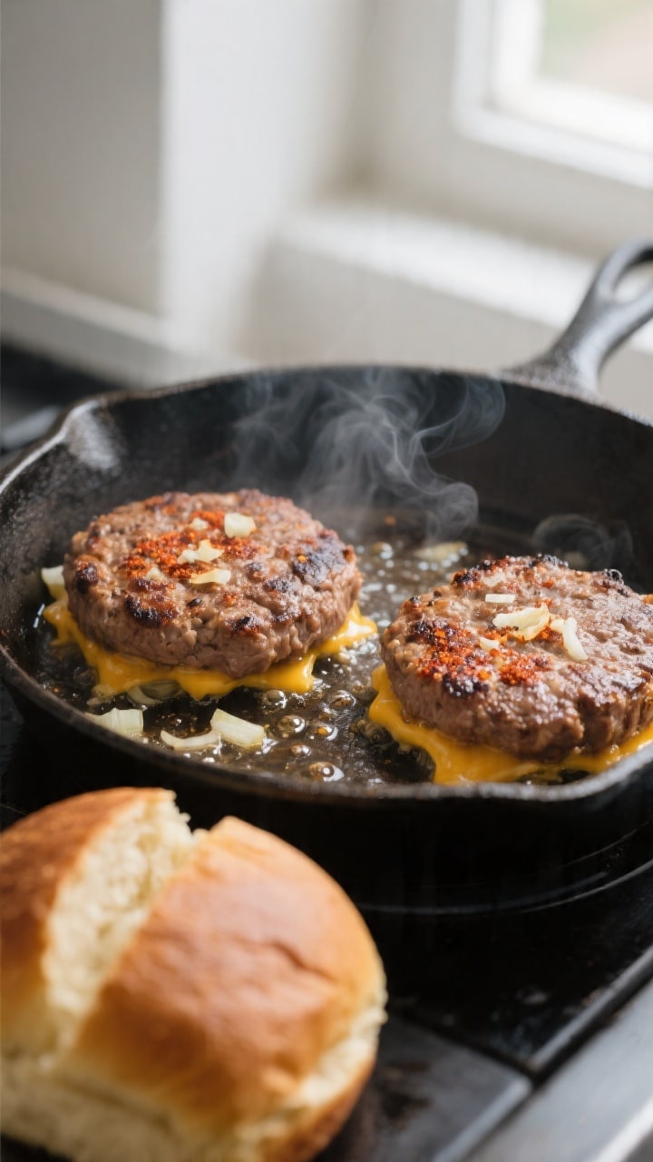 Cooking process, close-up detail: Two turkey burger patties sizzling in a cast-iron skillet, browned