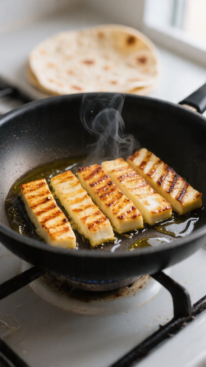 Cooking process close-up: Golden, crisp-edged halloumi strips sizzling in a non-stick pan, 1 cm-thic