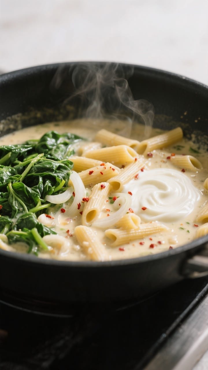 Cooking process close-up: One Pot Creamy Spinach Pasta mid-simmer in a wide, deep skillet, overhead