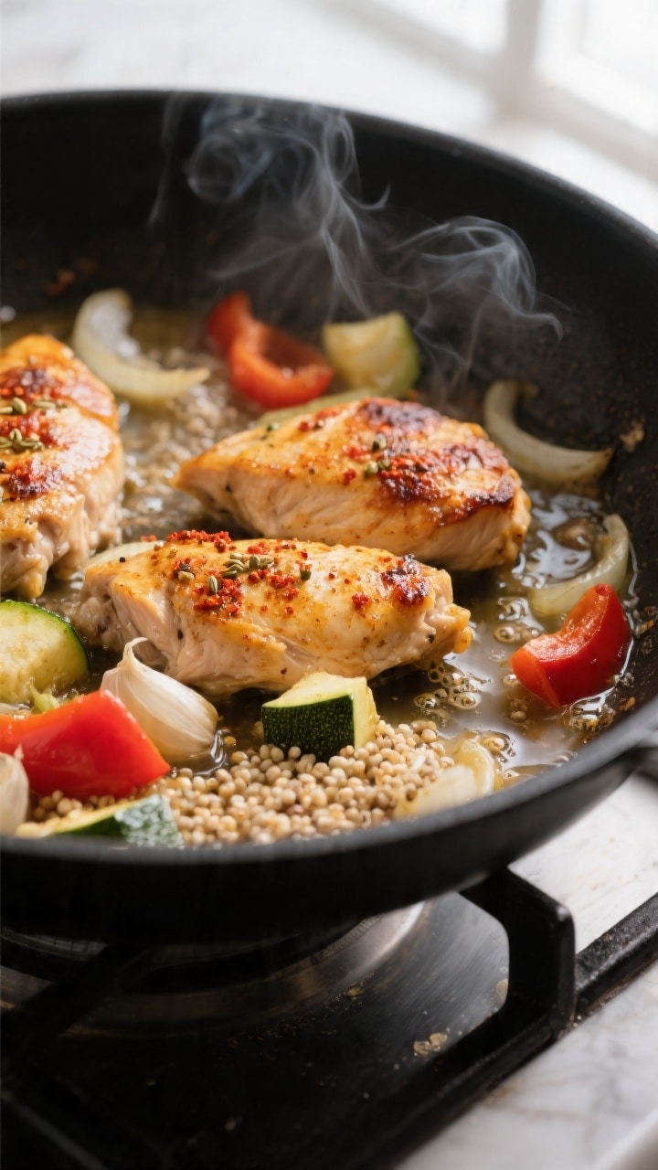 Cooking process, close-up: Searing chicken pieces in a wide, heavy-bottomed skillet before the simme