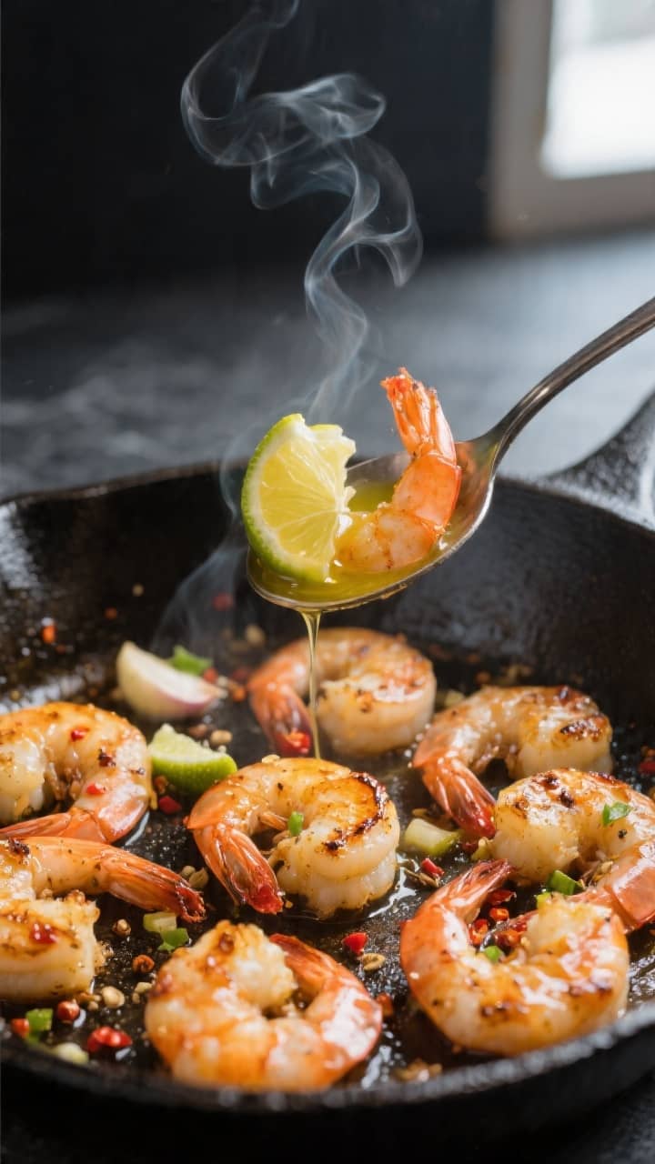 Cooking process close-up: Searing shrimp in a preheated cast-iron skillet, shrimp coated in olive oi