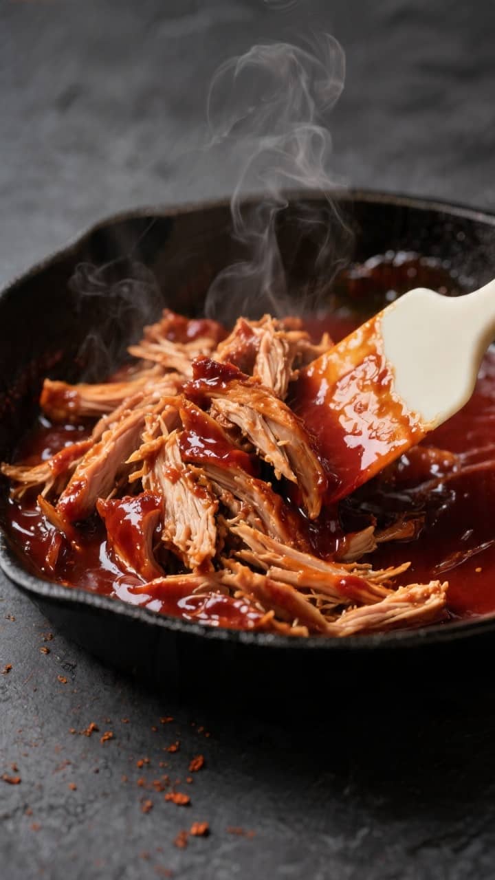Cooking process close-up: Shredded BBQ chicken simmering in a small black skillet, glossy mahogany-r