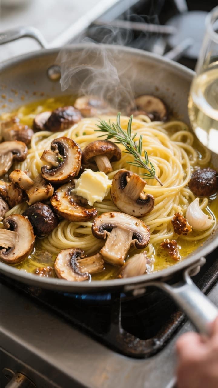 Cooking process close-up: Sliced mixed mushrooms (cremini, shiitake, and oyster) deeply browned with