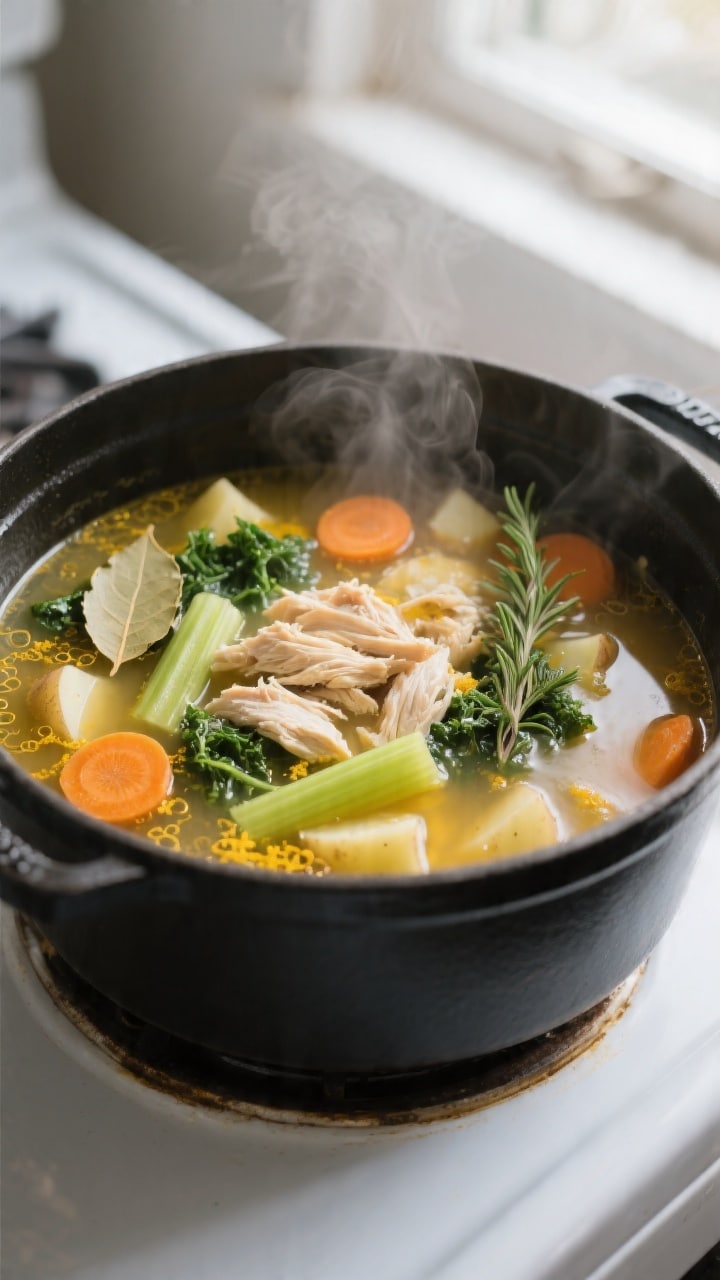 Cooking process close-up: Steam-kissed simmering pot of one-pot healthy chicken soup, showing shredd