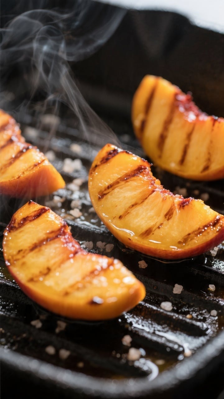 Cooking process close-up: Thick peach wedges sizzling on a preheated grill pan, cut sides down with 