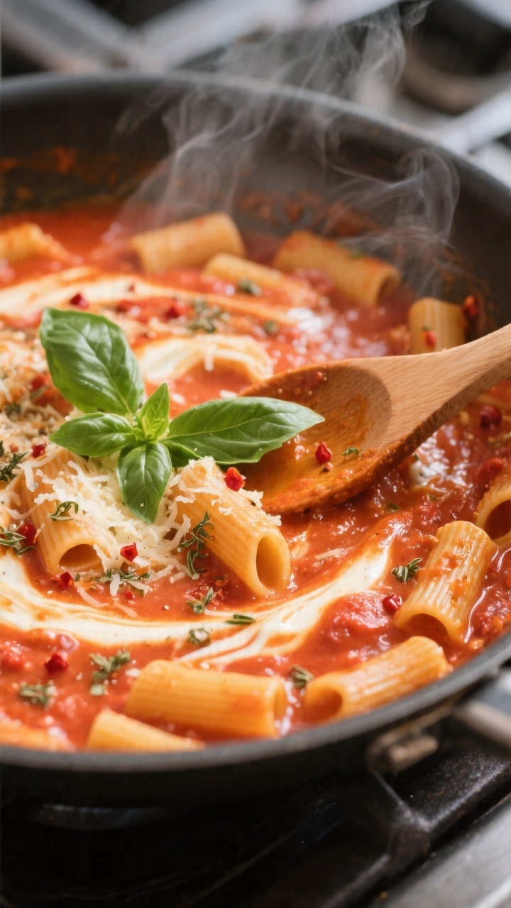 Cooking process close-up: Wide, shallow pan with one-pot creamy tomato basil pasta simmering; short 