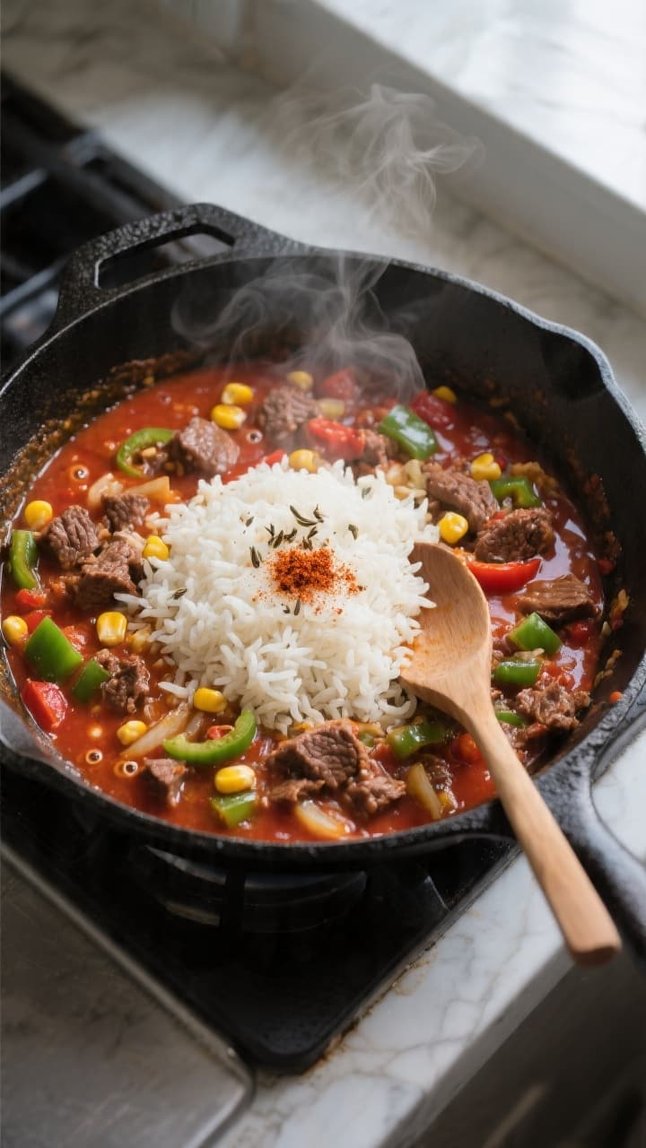 Cooking process, overhead: One Pot Beef and Rice Skillet simmering in a 12-inch black cast-iron skil