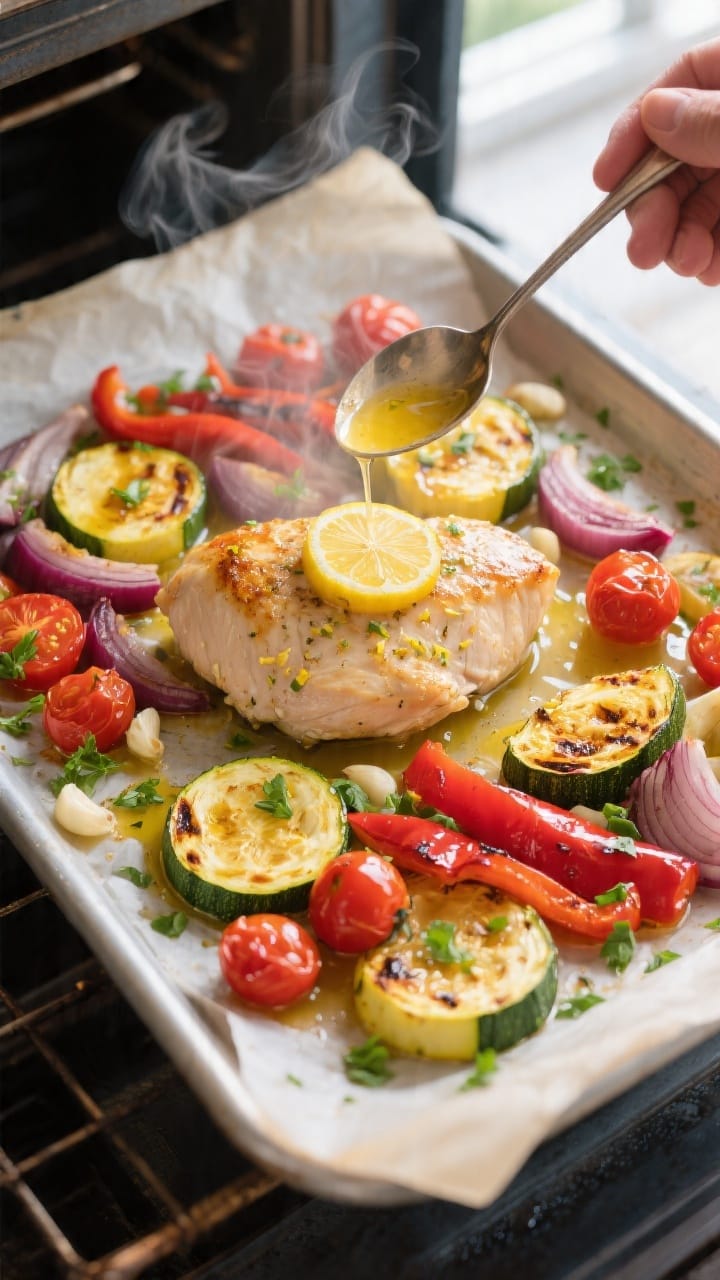 Cooking process, overhead: Roasted lemon-garlic chicken breast nestled among caramelized summer vege