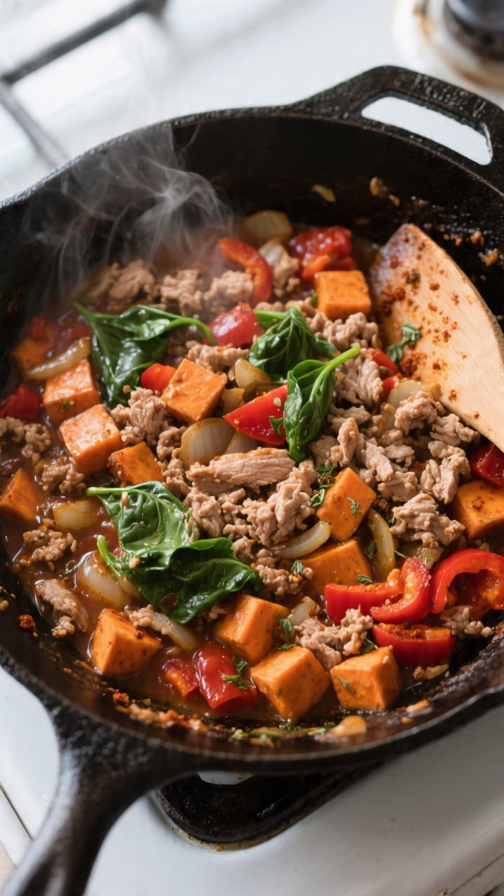 Cooking process, overhead shot: One-pot turkey and sweet potato skillet simmering in a large black c