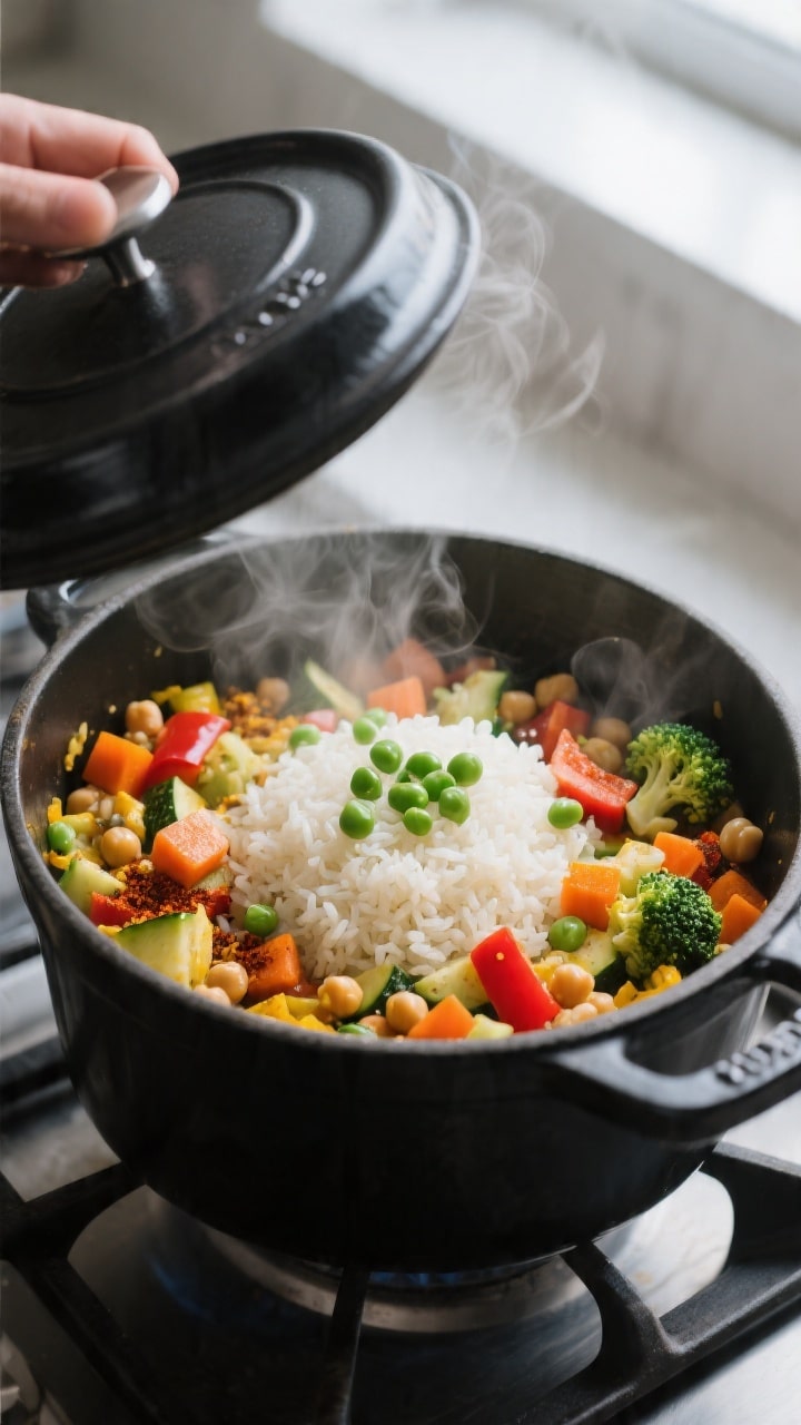 Cooking process — steam-kissed moment: One-pot veggie packed rice simmering in a matte black Dutch