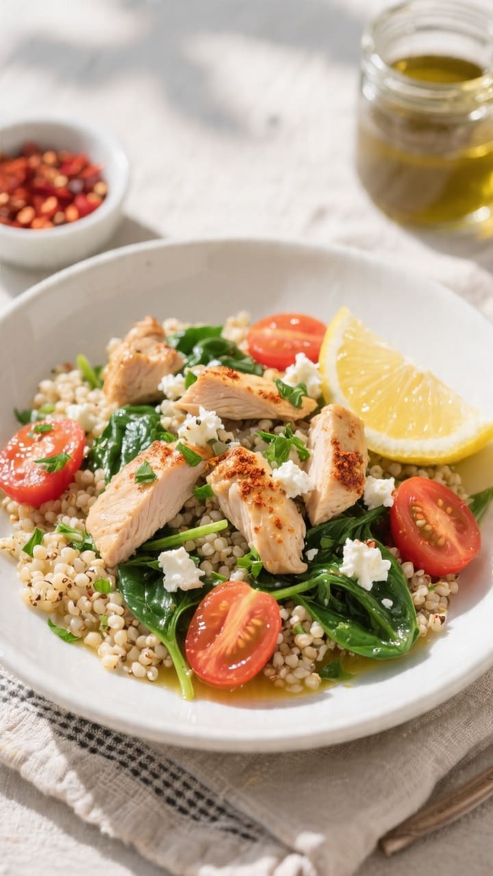 Final dish, overhead plated shot: Healthy One Pot Chicken and Quinoa fluffed and served in a wide, s