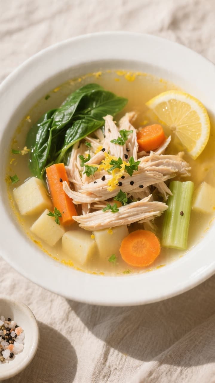 Final dish overhead: Tasty top-down shot of a generously filled white shallow bowl of healthy chicke