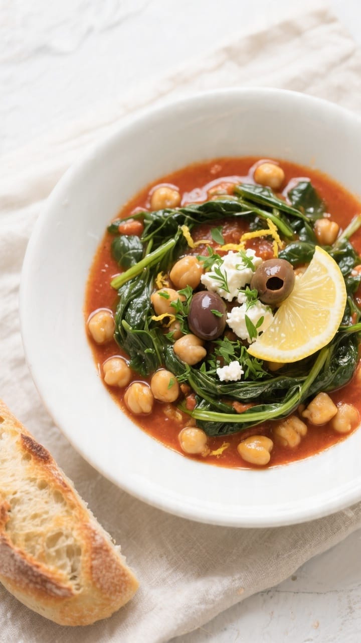 Final dish, tasty top view: Overhead shot of a bowl of One Pot Mediterranean Chickpea Stew just serv