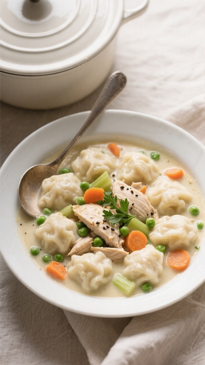 Final dish, tasty top view: Overhead shot of a hearty bowl of one-pot chicken and dumplings, beautif