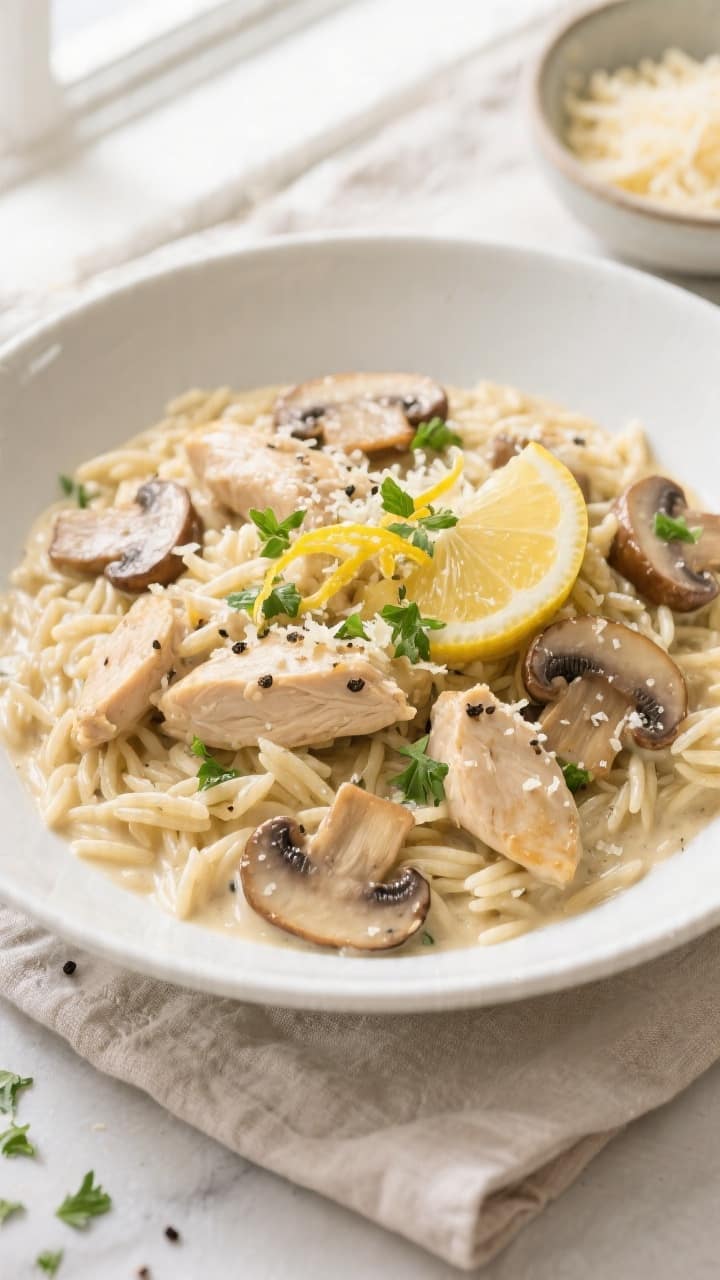Final dish, tasty top view: Overhead shot of creamy one-pot chicken and mushroom orzo plated in a wi
