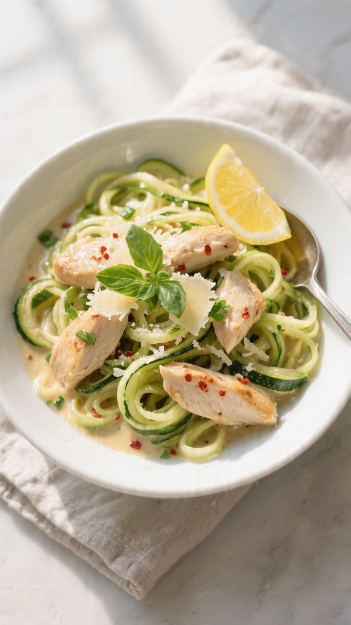 Final dish, tasty top view: Overhead shot of One Pot Zucchini Noodle Chicken twirled into soft nests